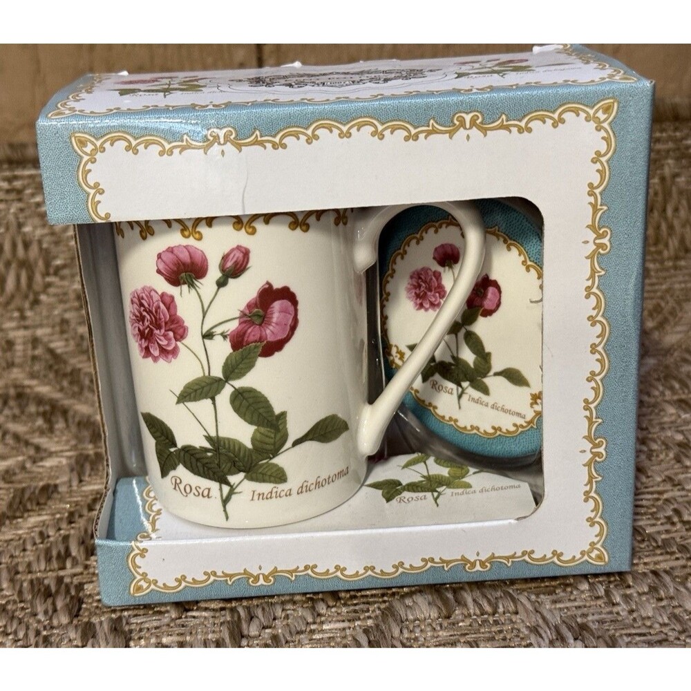 KENT POTTERY Rosa Indica Dichotoma Porcelain Tea Mug with Matching Lid Set.
